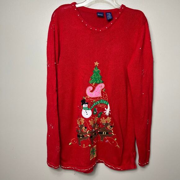 Vintage Basic Editions Pullover Christmas Sweater Embroidered Red Women Large - Picture 9 of 9